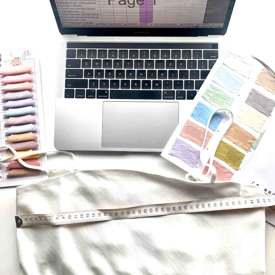 Fashion clothing garment tech pack. Includes fabric information, swatches, measurement specifications and fashion cad drawing.